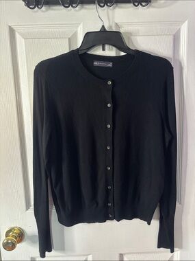 Black Crewneck Button-Front Women's Cardigan